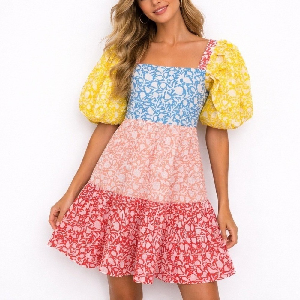 Oliphant Canary Multi Bubble Skirt Mini Dress Puff Sleeve Colorblock Summer‎ XS